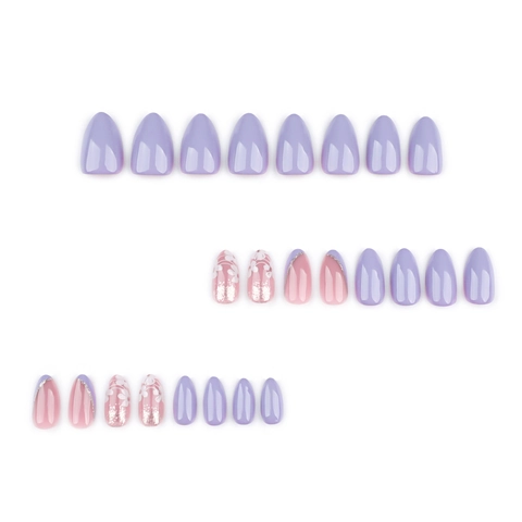 French Purple Pink Press On Nails White Flower Pattern Glitter Almond Shape Artificial Fake Nails For Women