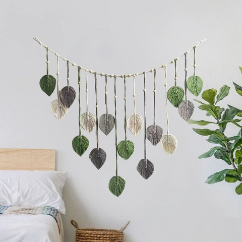 Appeso Parete Macramè Fatto Mano Arazzo Foglie Cotone Decorazioni Boho Per Camera Da Letto Nappa Piuma Perline Legno