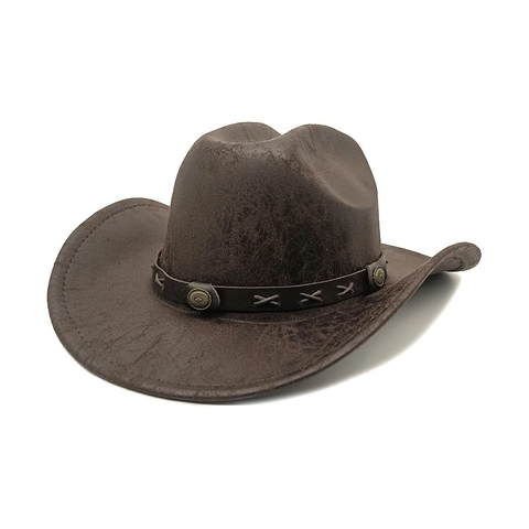 Chapeau De Cowboy Western Vintage Polyester Bord Large Pare-Soleil Fedora Avec Bande Décorative En Similicuir Et Concho
