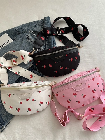 Women Cherry Print Belt Bag PU Leather Chest Pack Fashion Crossbody Bag With Adjustable Wide Strap Gold Zipper