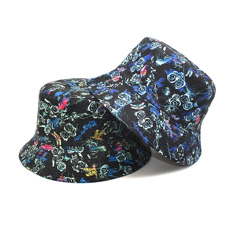 Floral Print Bucket Hat Polyester Rose Butterfly Pattern Foldable Wide Brim Sun Protection Outdoor Casual Unisex