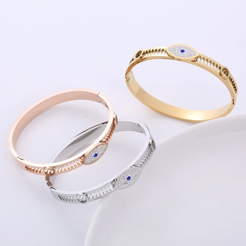 Brazalete Ojo Turco Acero Inoxidable 304 Borde De Engranaje Hueco Con Cristales Joyería De Moda Para Mujer