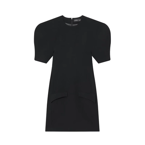 Vestido Corto Color Sólido Mujer Manga Abullonada Corta Cuello Redondo Bolsillos Cremallera Elegante Poliéster Verano