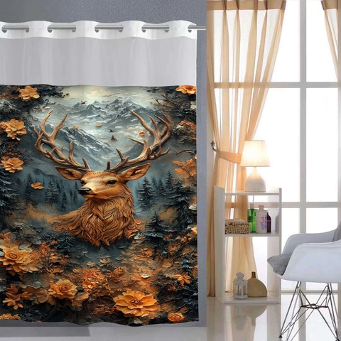 Waffle Weave Hookless Shower Curtain Polyester Waterproof Double Layer Removable Liner Elk Forest Print