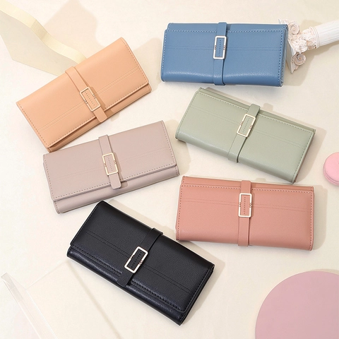 Women Long Wallet PU Leather Trifold Solid Color Metal Buckle Card Slots Handbag Large Capacity Elegant
