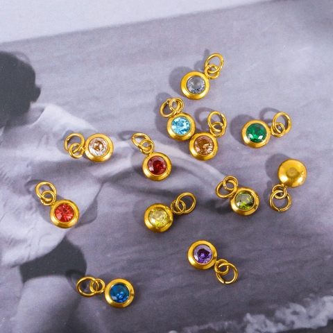 Mini Round Cubic Zirconia Charms Stainless Steel 18K Gold Plated Birthstone Jewelry Making DIY Accessories Findings