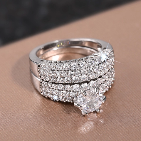 Luxury Round Zircon Engagement Ring Copper Wedding Bridal Jewelry Multi-Row Micro-Pave Shiny Fashion Accessory Women