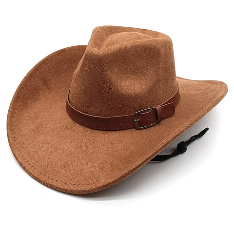 Sombrero De Vaquero Occidental Gamuza Ala Ancha Hebilla De Cinturón De Cuero Cordón De Viento Ajustable Estilo Caballero