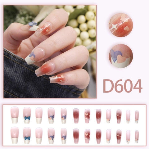 Lange Coffin Press On Nägel Gradient Rot Rosa Glänzend Mit 3D Blau Schleife Herz Stern Design Künstliche Nägel Damen