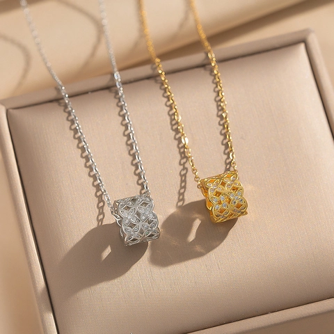 Hollow Cylindrical Waist Pendant Necklace Micro Pave Zircon Clover Flower Pattern Gold Plated Jewelry For Women