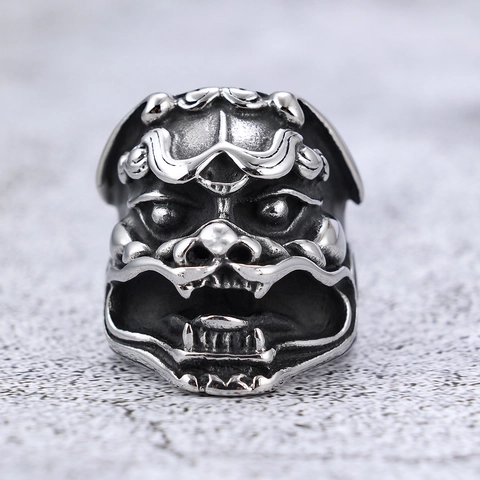 Anello Acciaio Inossidabile Kirin Bestia Mitica Maschera Demone Lucidato Ossidato Punk Gothic Retro Hip Hop Biker Gioielli Per Uomo