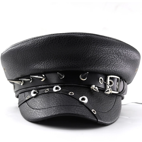 Punk Rock PU Leder Militärhut Mit Metallstacheln Und Nieten Gothic Hip Hop Flache Kappe Für Damen