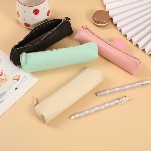 Slim PU Leather Pencil Case Solid Color Zipper Stationery Bag Student Office Supplies Modern Minimalist