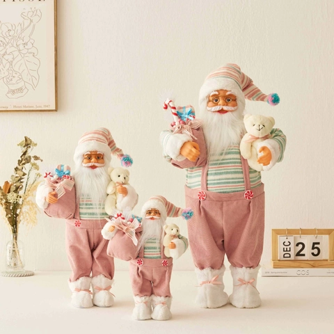 Figurine De Père Noël Rose Avec Ours En Peluche Et Sac Cadeau Tissu En Tricot De Velours Côtelé Décoration De Noël Ornement De Table