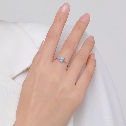925 Sterling Zilveren Verstelbare Kettingring Rechthoekige Roze Paarse Opaal Elegante Minimalistische Mode Sieraden Voor Dames