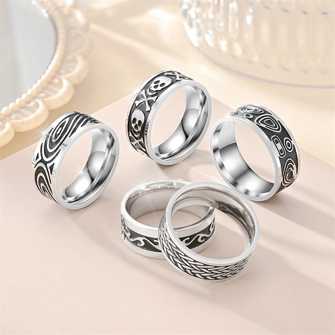 Retro Titanstahl Bandring Für Männer Punk Hip Hop Geometrisch Gravierter Fingerschmuck Unisex Vintage Poliertes Accessoire