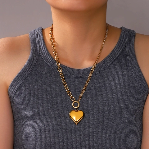 Collana Con Pendente A Cuore Catena Asimmetrica Placcata Oro 18K Acciaio Inossidabile Lucido Gioielli Per Donna