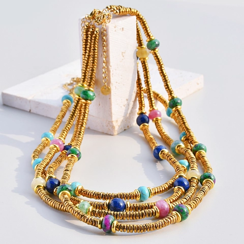 Natural Stone Beaded Necklace Gold Plated Stainless Steel Spiral Metal Chain Bohemian Ethnic Style For Women