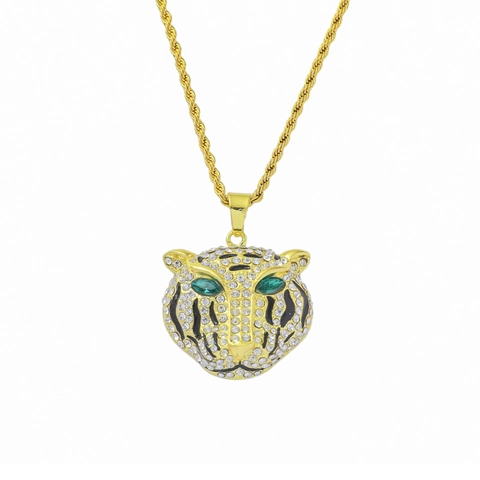 Leeuwenkop Hanger Ketting Met Groene Ogen Strass Legering Roestvrijstalen Ketting Hip Hop Iced Out Bling Sieraden Voor Mannen