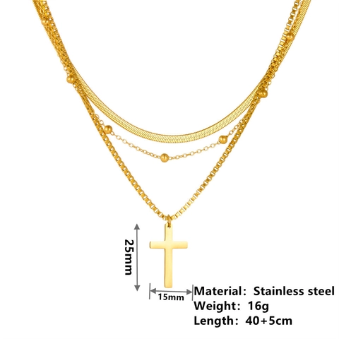 Women's Stainless Steel Three Layer Layered Necklace With Cross Pendant Gold Plated Snake Box Bead Chain Fashion Jewelry