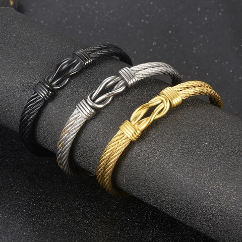 Men Stainless Steel Cable Wire Braided Cuff Bracelet Infinity Symbol Knot Industrial Modern Open Bangle Jewelry