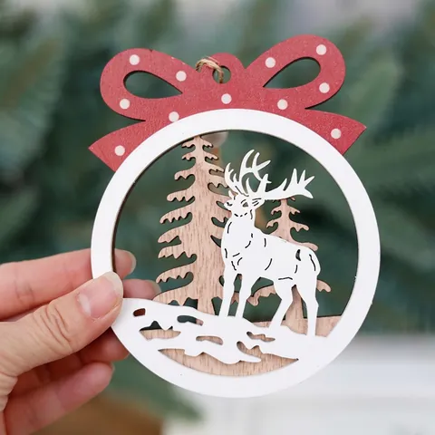 Christmas Wooden Hanging Ornaments Round Hollow Laser Cut Reindeer Forest Santa Welcome Home Festive Home Holiday Party Tree Decor