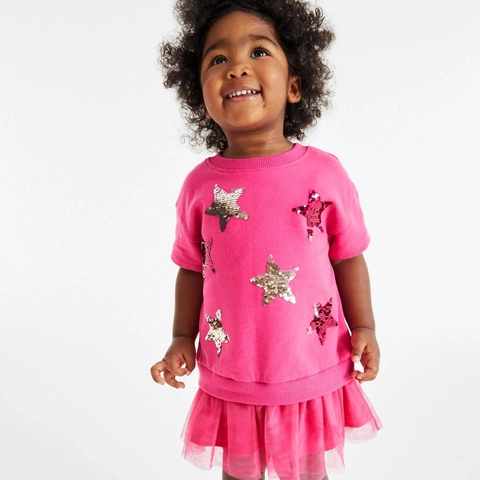 Vestito Maniche Corte Bambina Cotone Paillettes Stella Rete Tulle Tutu Principessa Abito Festa Per Bambini Rosa