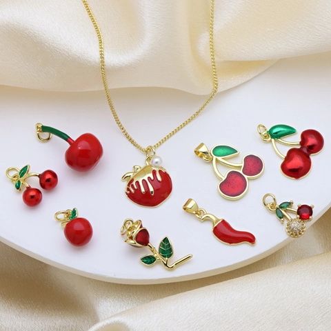 Mode Frucht Anhänger Halskette Kupfer Emaille Kirsche Apfel Rose Chili Schlüsselbein Kette Schmuck Für Frauen Mädchen Elegant