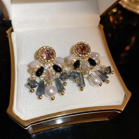 Orecchini Pendenti Vintage Lega Cristallo Perla Artificial Imitazione Con Perno In Argento Sterling 925
