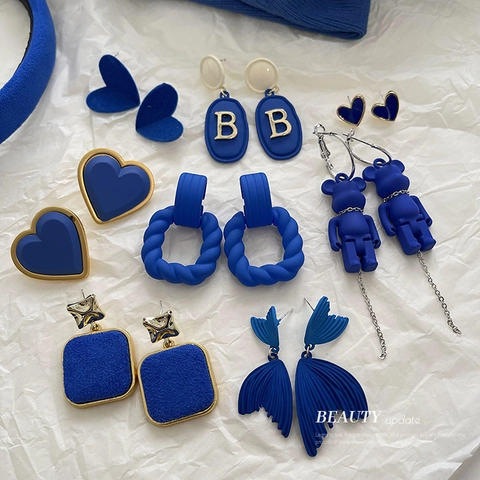 Klein Blue Heart Flower Rabbit Letter B Earrings Alloy With 925 Sterling Silver Earring Post Korean Fashion Jewelry