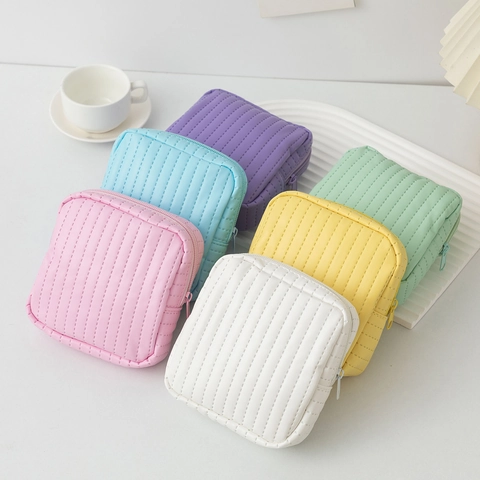 Porte-Monnaie En Cuir PU Matelassé Macaron Sac De Rangement Pour Serviettes Hygiéniques De Grande Capacité Mini Pochette