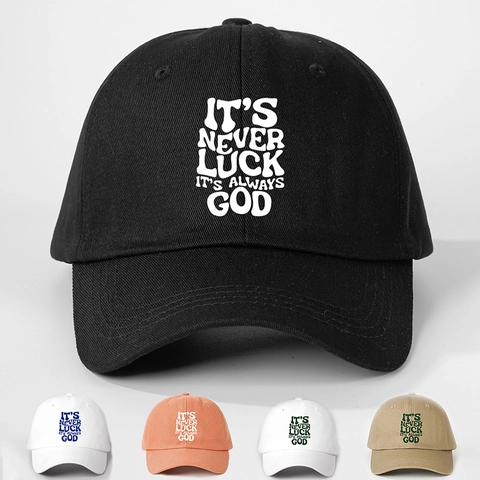 Never Luck Always God Slogan Baseball Kappe Polyester Verstellbar Gebogener Schirm Outdoor Sonnenhut Damen Herren