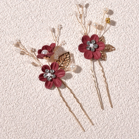 Pics à Cheveux de Mariage en Fleurs de Tissu Faits à la Main pour Mariées Alliage Feuille d'Or Künstliche Perle Strass en Forme de U