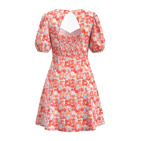 Mini Kleid Blumendruck Polyester Puffärmel Eckiger Ausschnitt Rückenfrei Elastisch Hohe Taille A Linie Boho Süß Damen