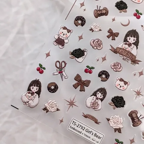 3D Relief Nail Art Stickers Embossed Cartoon Girl Bear Retro Mocha Manicure Decals Self Adhesive DIY Decoration