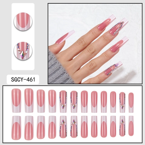Uñas Postizas Press On Francesas Degradado Rosa Cuadros Largas Ataúd Cuadradas Con Pedrería De Colores Manicura