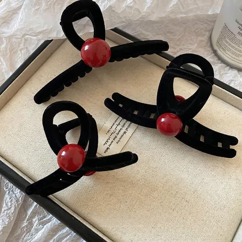 Molletta Per Capelli Vintage Velluto Floccato Con Perla Rossa Grande Fermaglio Squalo Elegante Per Donna Accessori