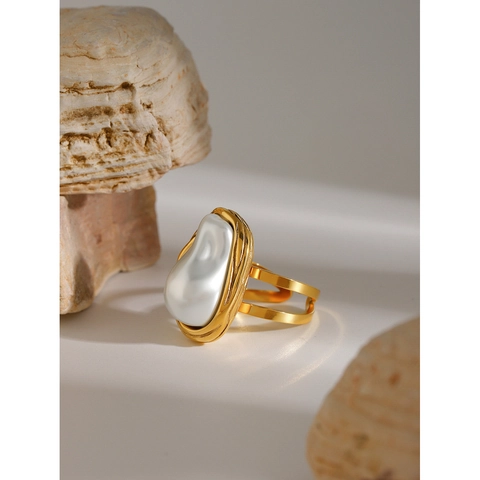 Artificial Baroque Pearl Open Ring Stainless Steel 18K Gold Plated Elegant Retro French Style Waterproof Adjustable Jewelry For Women
