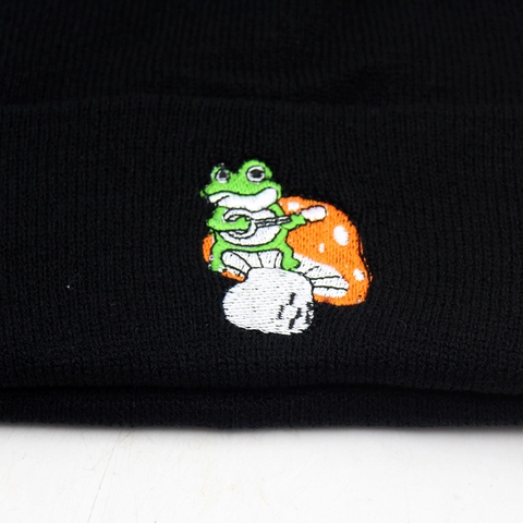 Frog Mushroom Embroidered Knitted Beanie Hat For Women Men Winter Warm Acrylic Cuff Cold Hat Streetwear Hip Hop Outdoor Accessory