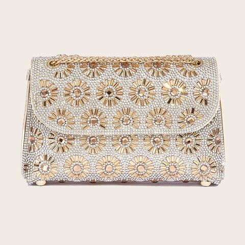 Rhinestone Evening Bag Flower Sunflower Pattern PU Leather Clutch With Chain Strap For Women Party Banquet Wedding