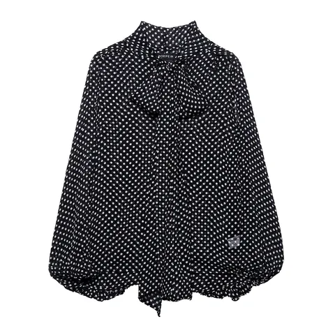 Damen Polka Dot Chiffon Blouse Strik Hoge Nek Lantaarnmouwen Cape Stijl Elegant Topje