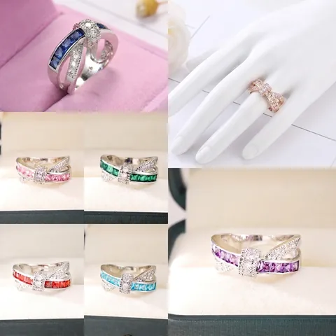 Cross Over Ring Copper Colorful Cubic Zirconia Geometric Elegant Jewelry For Women Rhodium Plated