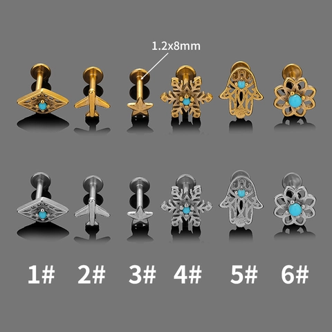 Retro Stainless Steel Internal Thread Lip Stud Flat Back Cartilage Earring Turquoise Flower Hamsa Hand Star Airplane