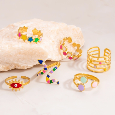 Mode Edelstahl Gold Überzogen Emaille Offener Ring Für Damen Böser Blick Schlange Stern Geometrisch Verstellbar INS Schmuck