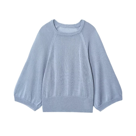 Pull Femme Tricot Col Rond Manches Lanternes Raglan Couleur Unie Haut En Tricot Ample Décontracté Élégant Printemps Automne