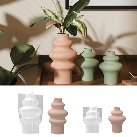 Silicone Vase Mold DIY Resin Casting Epoxy Plaster Cement Abstract Wavy Geometric Layered Design Modern Home Decor