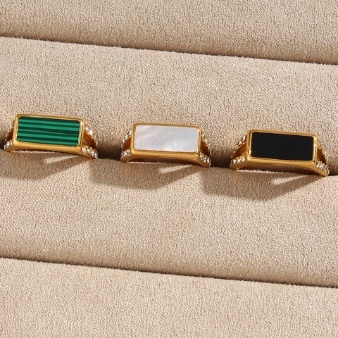 Edelstahlring Mit Rechteckigem Muschel Malachit Onyx Inlay Und Seiten Rhinestone Vergoldet Vintage Luxus Damen