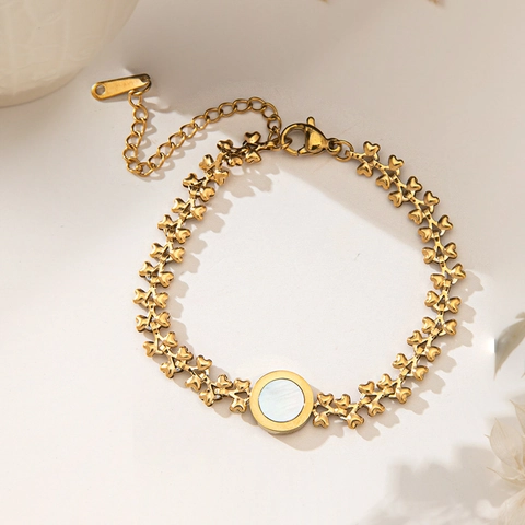 18K Gold Plated Titanium Steel Mother Of Artificial Pearl Bracelet For Women Leaf Chain Heart Round Shell Inlay Adjustable Jewelry