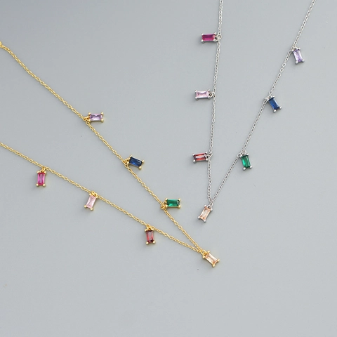Collier En Argent Sterling 925 Avec Plusieurs Pendentifs Rectangulaires En Zircone Colorée Pour Femme Style INS Minimaliste