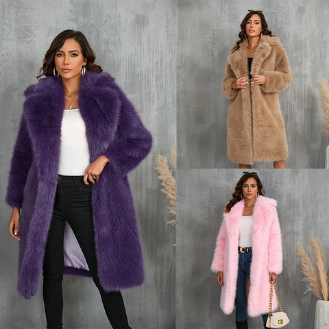 Dames Faux Fur Jas Lange Mouwen Pakkraag Halverwege De Lengte Verdikte Winter Warme Casual Bovenkleding Pluche Bontjas